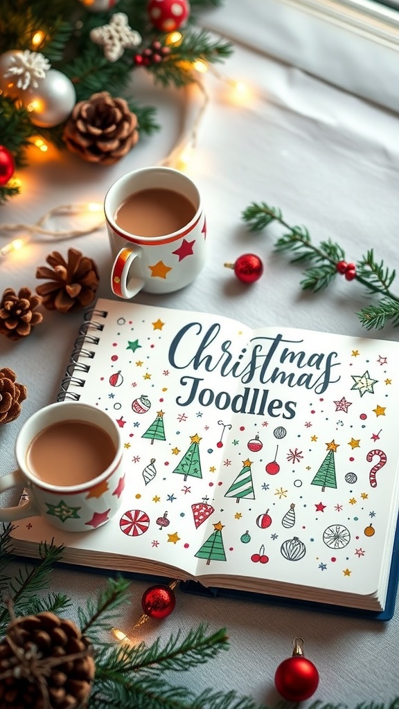 An open Christmas Doodles Journal with colorful holiday doodles on a festive table.